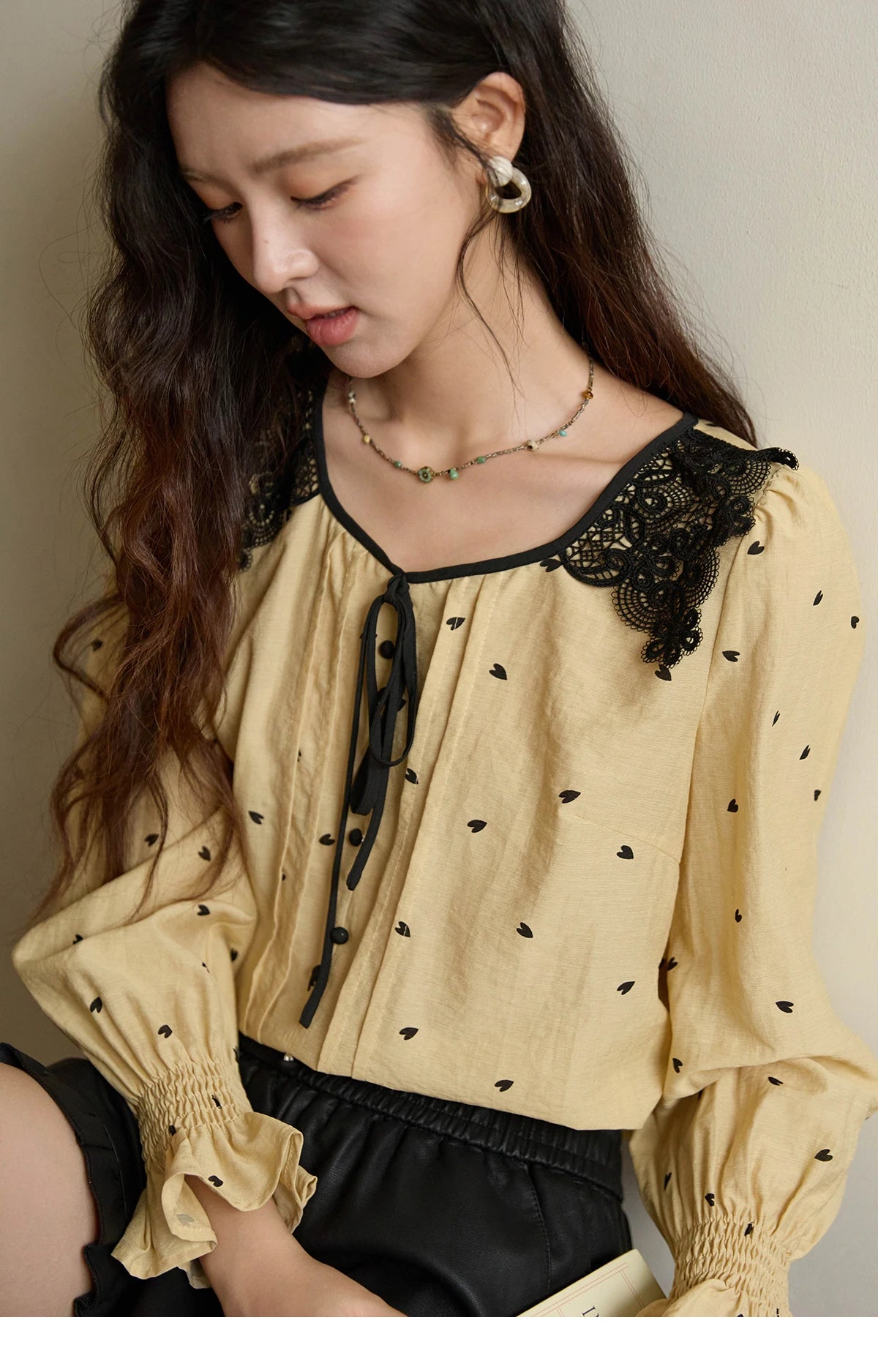 MISHOW Women's Yellow Heart Printed Shirt Autumn Lace Hollowed Out Collar Bubble Sleeve Top Lace-up Commuter Shirts MXE41X1949