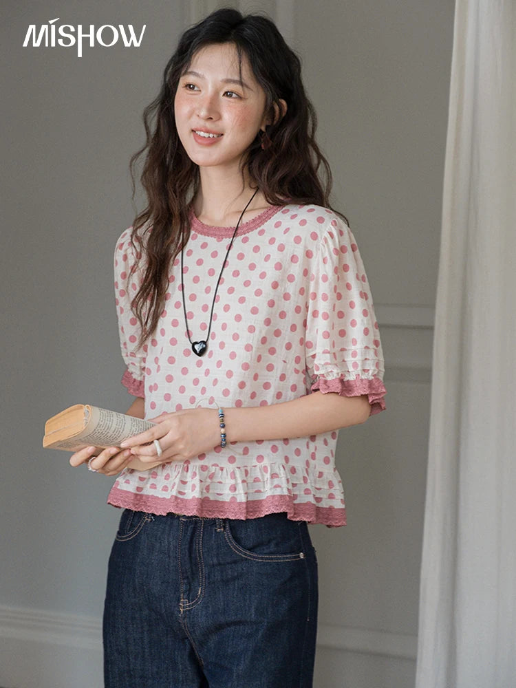 MISHOW Women's Blouse Fashion Pink Polka Dot Short Top 2025 Summer Sweet Puff Sleeve Blouse Casual Female Clothing MXE37X1900