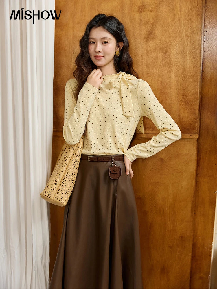 MISHOW Elegant Woman Pullovers 2025 Autumn Sweet Retro Yellow Polka Dot Knitted Top Lace Up Collar Slim Fit Tops MXE45Z1379