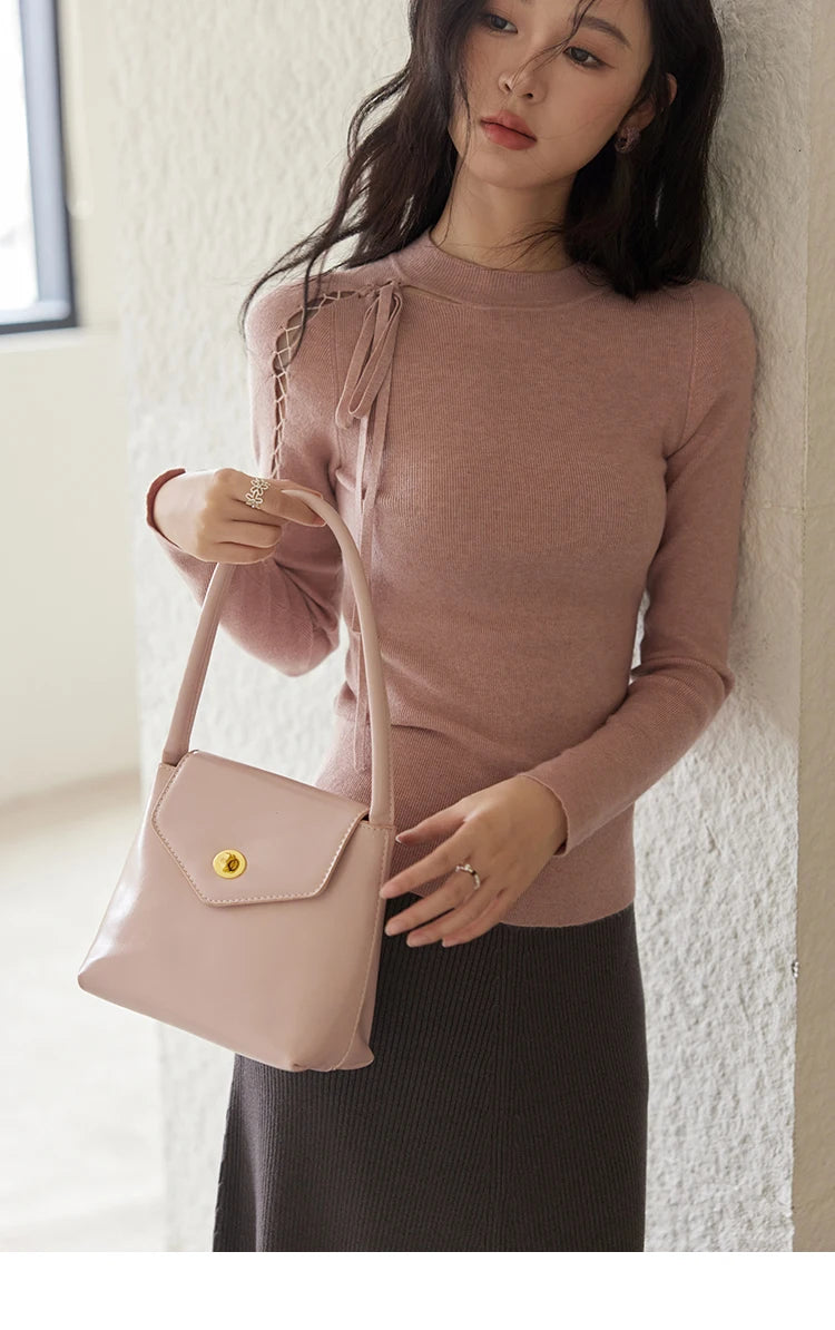 MISHOW Bottom Knit Sweater Women Fashion Hollow Tie Design Bottoming Shirt 2024 Fall New Warm Long-sleeved Slim Tops MXD45Z0766