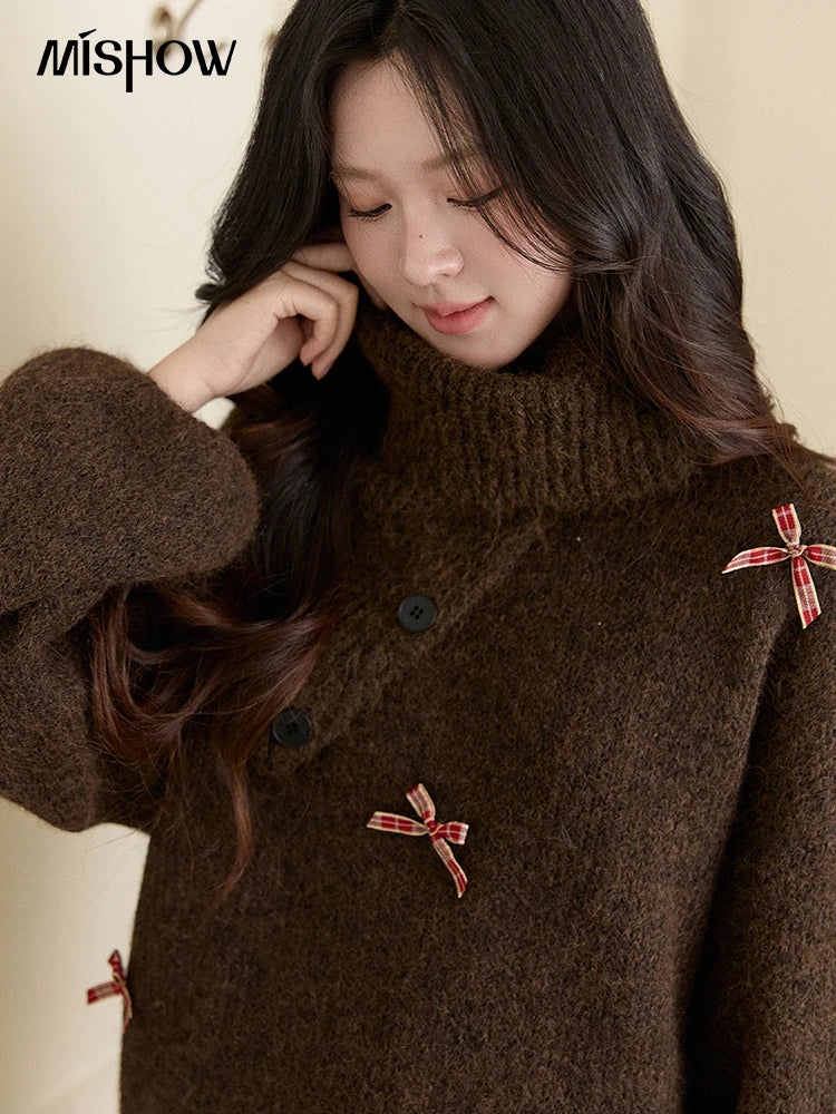 MISHOW Women's French Retro Plaid Bow Sweater 2025 Winter Detachable Shawl Collar Thick Lantern Sleeve Knitted Tops MXE93Z2946