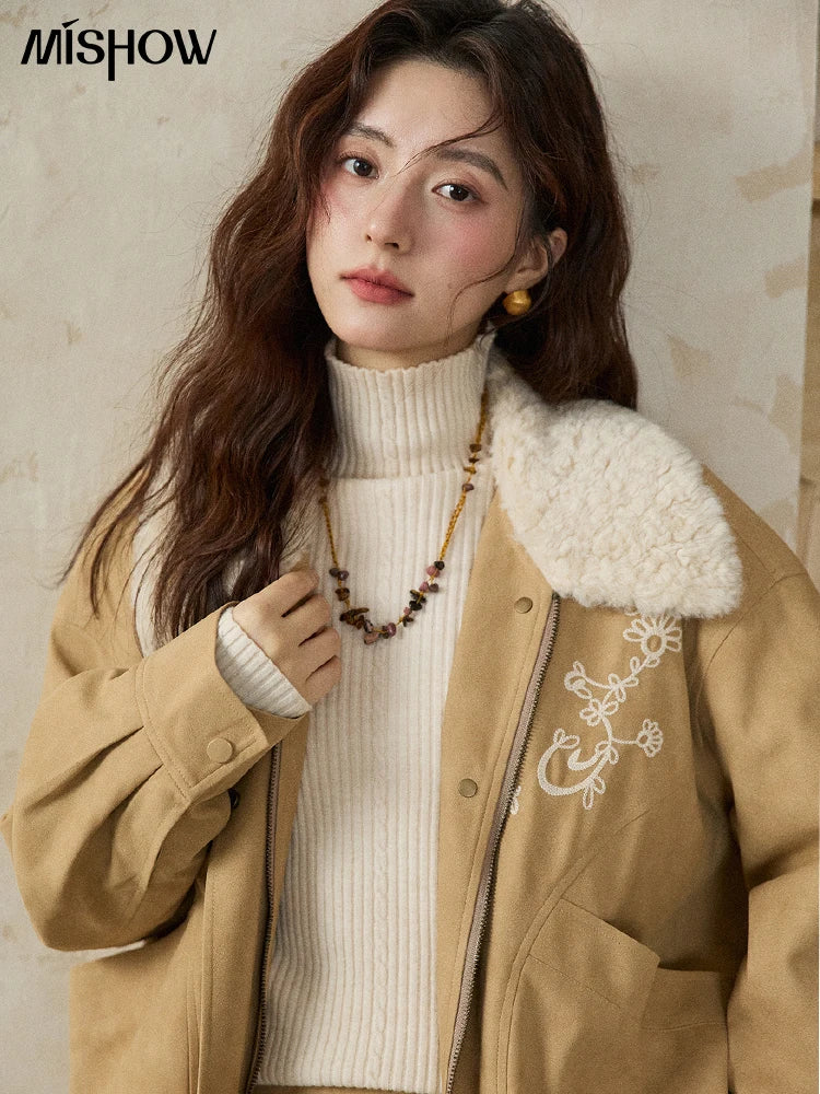 MISHOW Women's Floral Embroidered Jacket 2025 Winter French Style Yellow Plush Lapel Zip-up Coat Loose Warm Jacket MXE87W0932