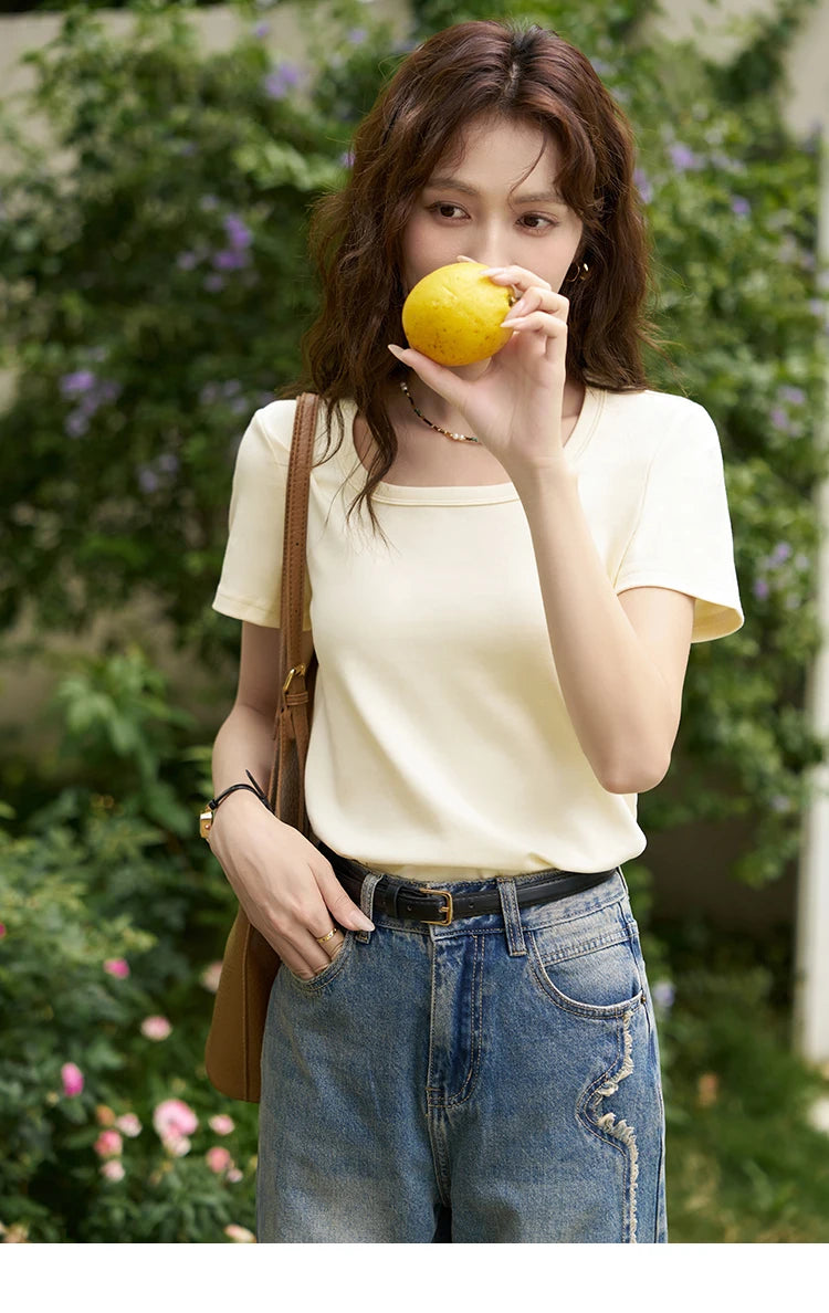 MISHOW Multi Color Square Neck Tees Short Sleeve Solid Color T-shirt for Women 2024 Spring/summer Basic Versatile Top MXC12T0641