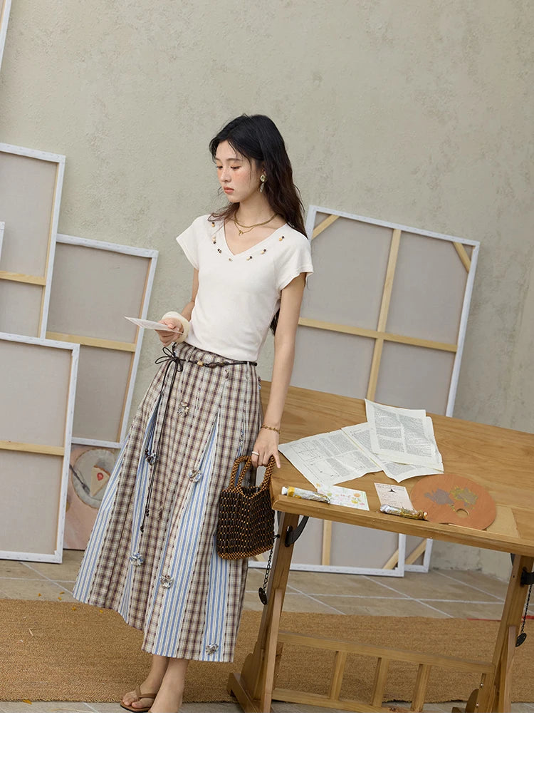 MISHOW Retro Plaid Patchwork Pleats Skirt Summer 2025 Versatile Flowers Slim Skirt A-LINE Skirts Excluding Waist Belt MXE35B0726