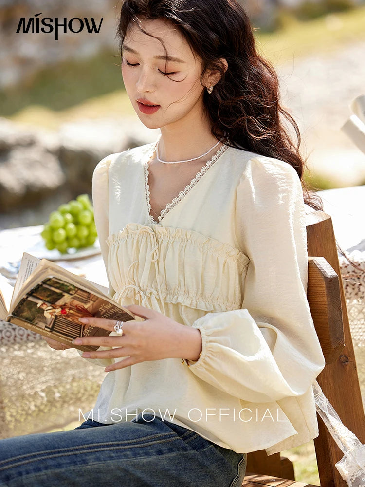 MISHOW Women's Jacquard Lace V-neck Blouses 2025 Spring Ruffled Wavy Design Blouse Slim Elegant Commuting Sweet Top MXE12C0397