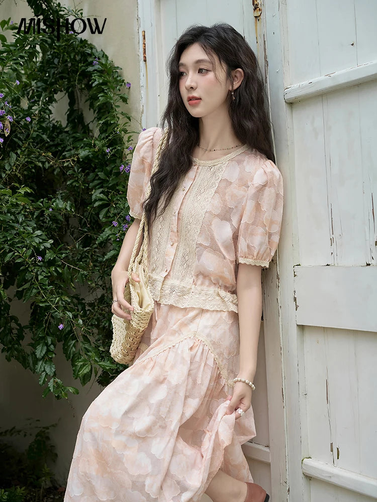 MISHOW French Embroidered Lace Bubble Sleeve Top & Elastic Waist Skirt Set MXD23X1428
