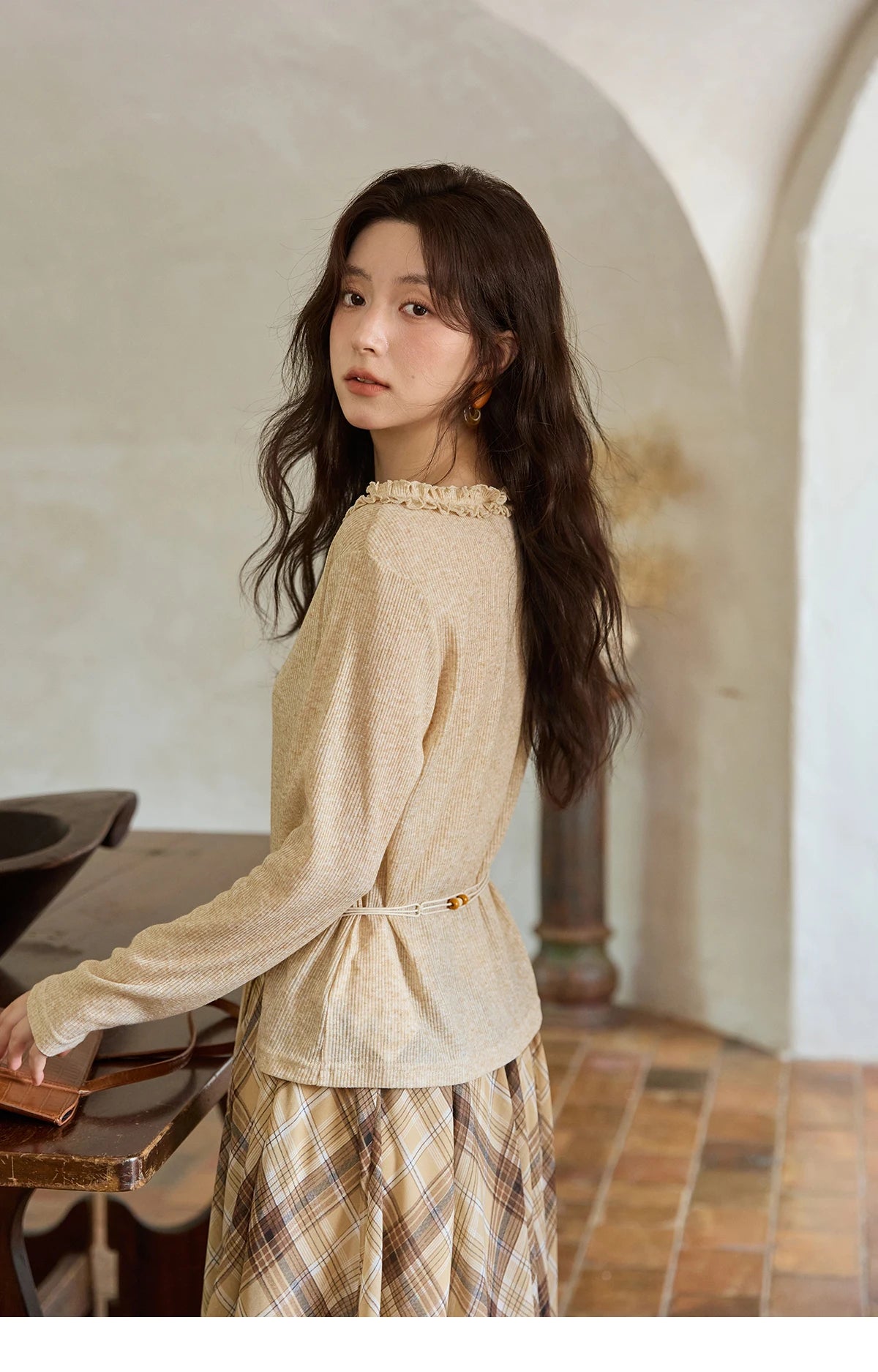 Mishow Apricot Ramie Knit Bohemian Belt Top MXE42Z1324