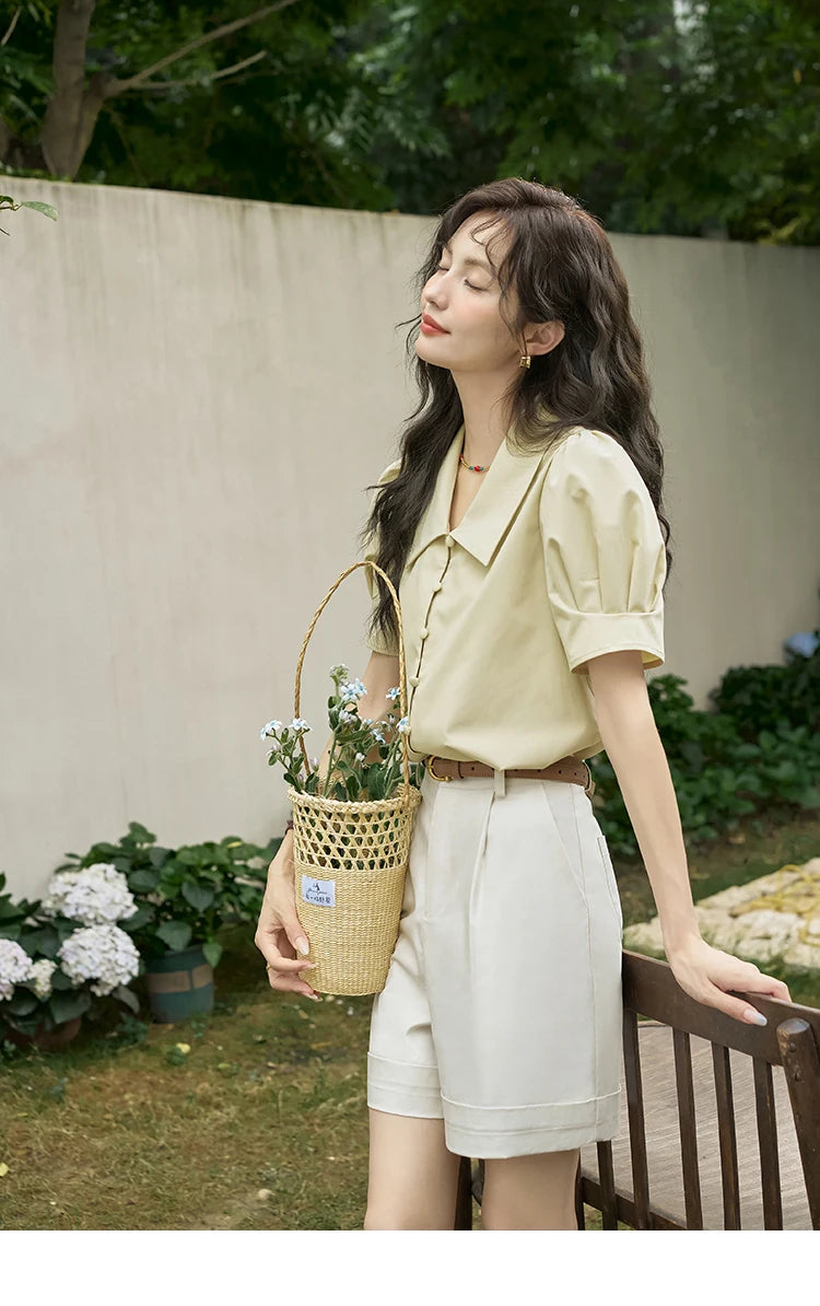 MISHOW Bubble Sleeve V-neck Commuting Shirts for Women 2025 Summer Retro Lapel Neck Short Sleeve Loose Solid Tops MXD28X1471