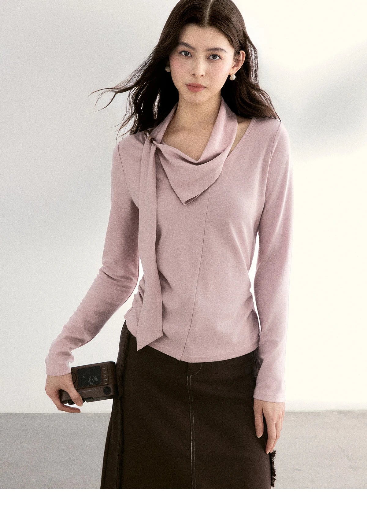 MISHOW Women's Scarf Neck Pink Long Sleeve Top 2026 Spring Color Collision Bead Asymmetrical Tops Knitted Sweaters MXF108Z1025