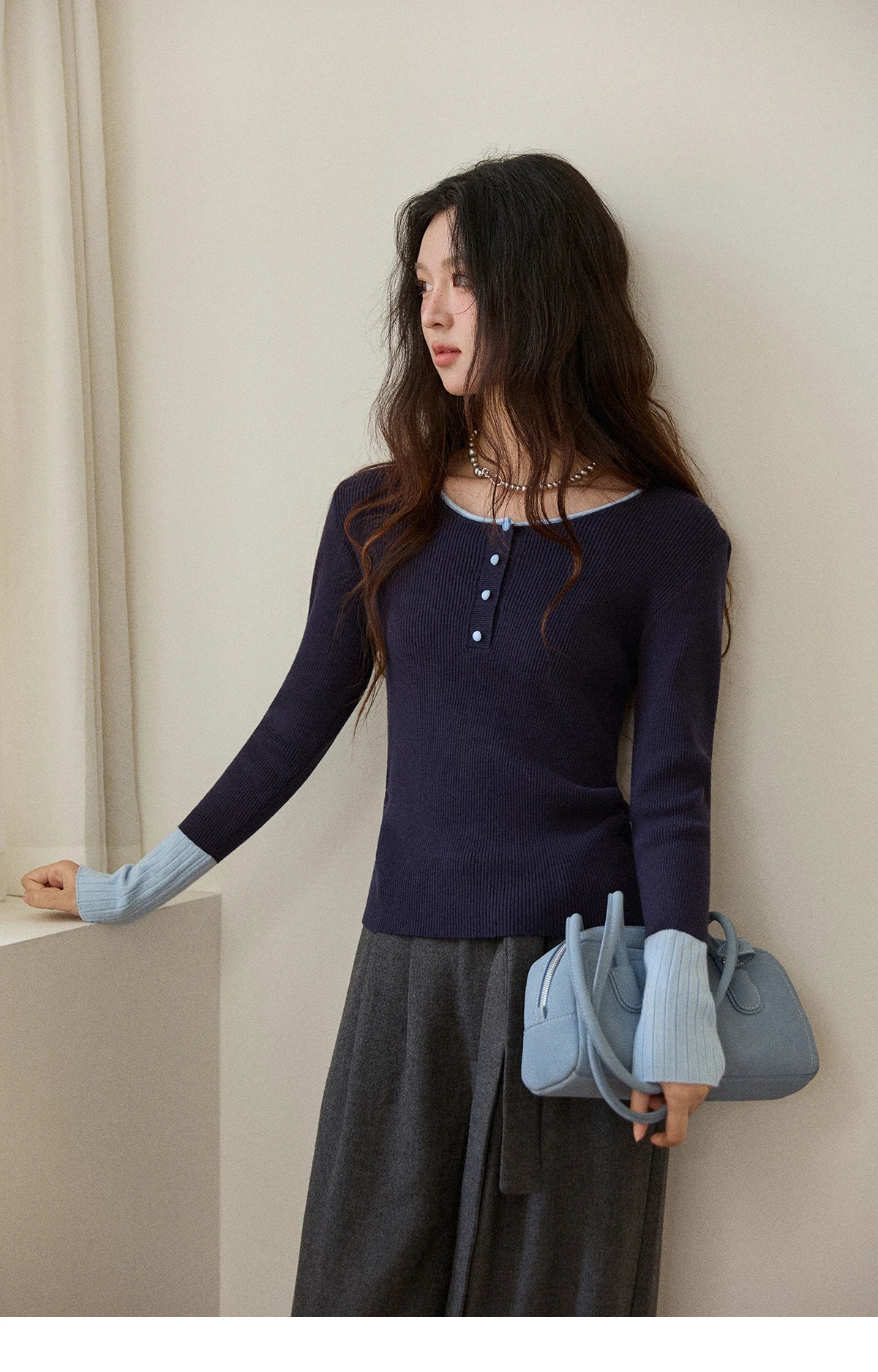 MISHOW Long Sleeves Sweater Women 2025 Winter New Retro Contrast Color Crew Neck Knit Top Comfortable Slim Sweater MXE89Z2639