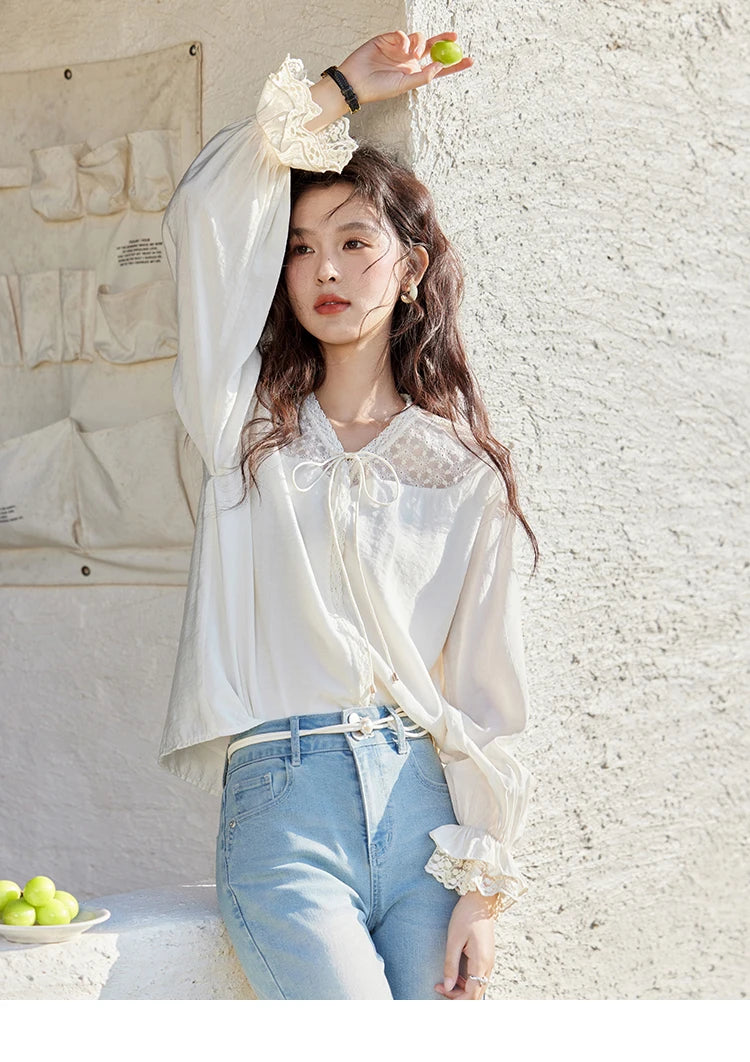 MISHOW Lace Patchwork Shirt for Women Spring 2025 V-neck with Fungus Edge Lace-up Chiffon Top Petal Sleeve Shirts MXE13X1713