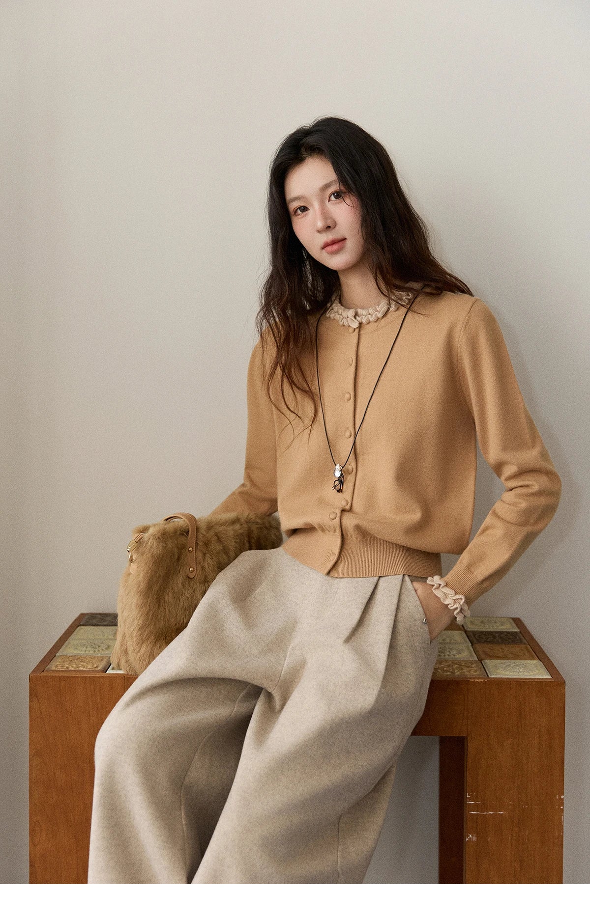 MISHOW Women Knit Cardigan Long Sleeve 2025 Winter Retro Ruffle O-neck Knitted Sweater Loose Casual Commute Khaki Top MXE91Z2749