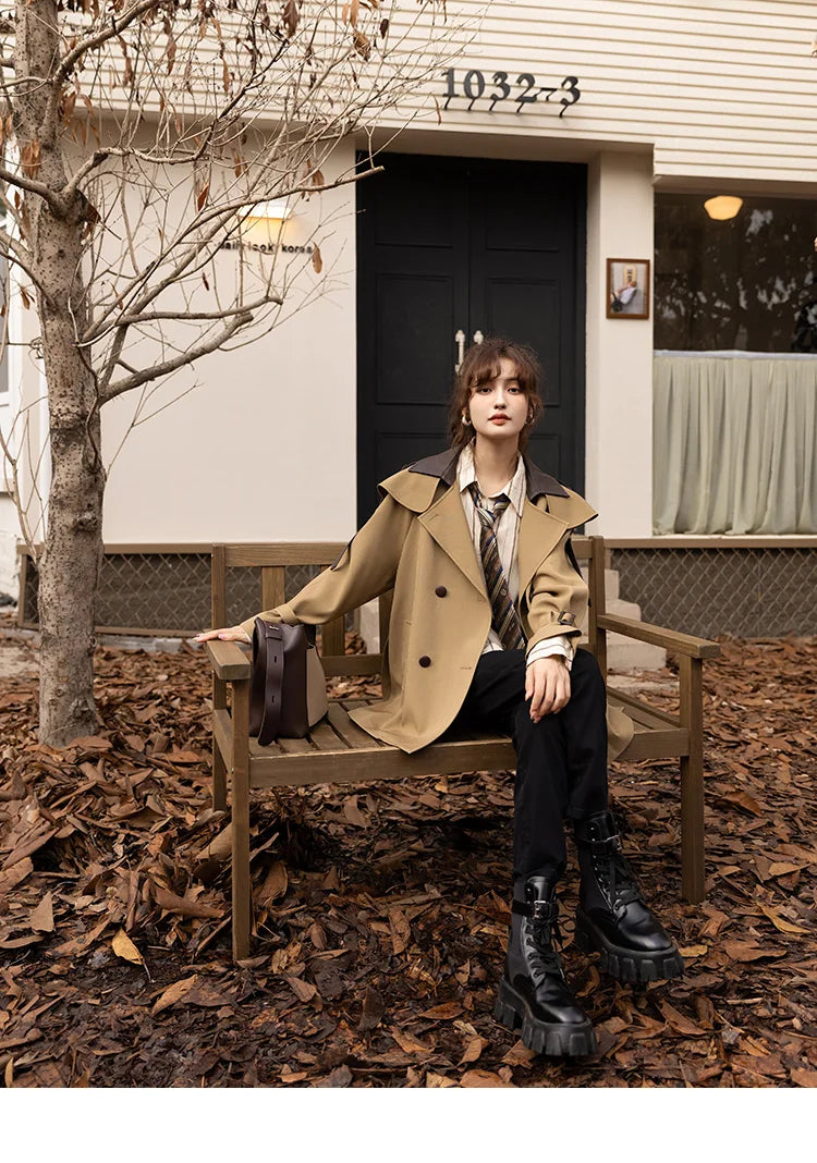 MISHOW Trench Coats for Women Autumn Korean Office Lady Polo Collar Patchwork Long Mid-length Jacket Female Outerwear MXB33W0399