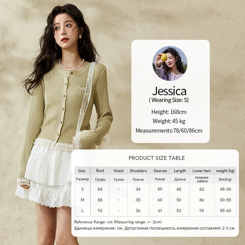 MISHOW Macaron Knitted Tops 2025 Spring Hollow Hook Flower Lace Splicing Tops Bow Embroidery O-neck Long Sleeve Tees MXE16Z1211