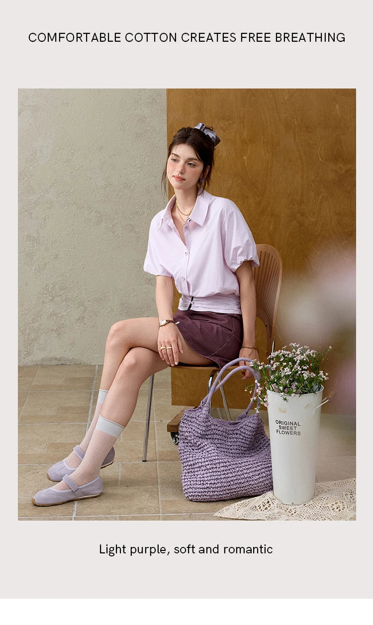 MISHWO Office Lady Solid Blouses Women Summer New 2025 Short Sleeve Turn-down Collar Purple Cotton Shirts Female Thin MXE32X1794