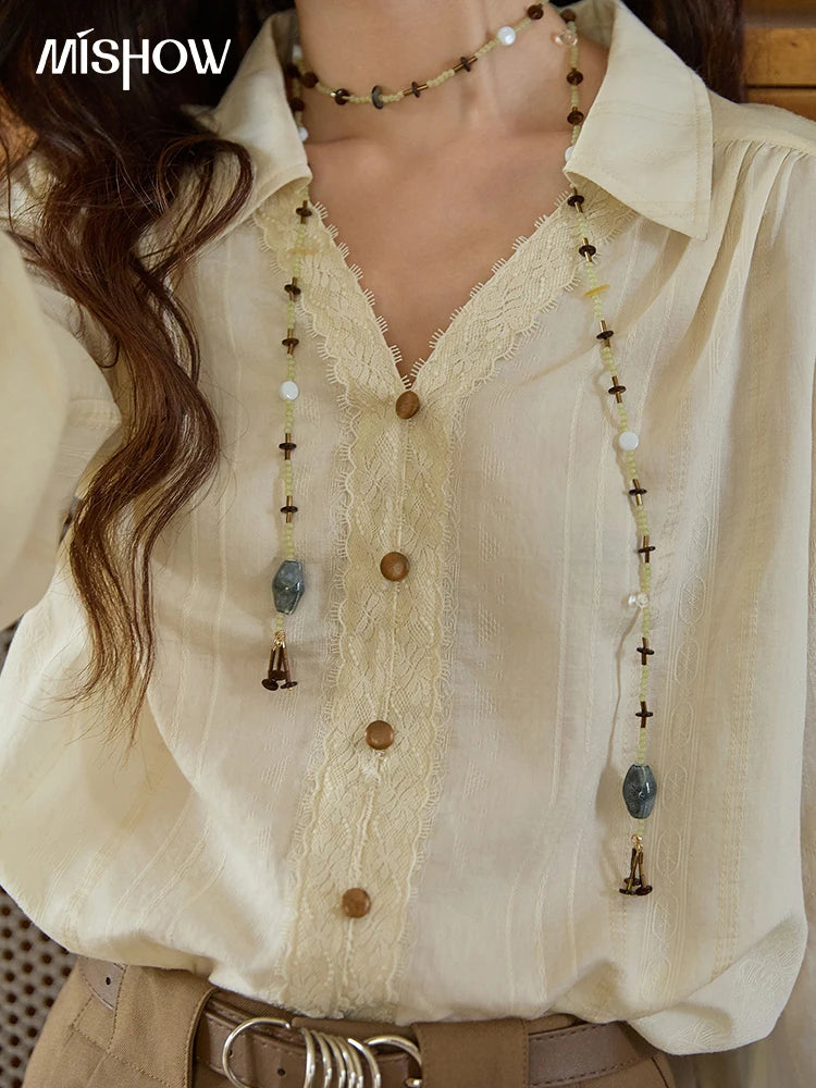 MISHOW Women's French V Neck Lace Panels Shirts 2025 Autumn Elegant Long Sleeve Apricot Top Office Chic Loose Shirt MXE43X2474