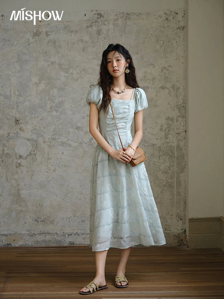 MISHOW Fashion Embroidery A-line Dress for Women 2025 Summer Puff Sleeve Square Neck Vacation Dresses Female Clothing MXE34L2265