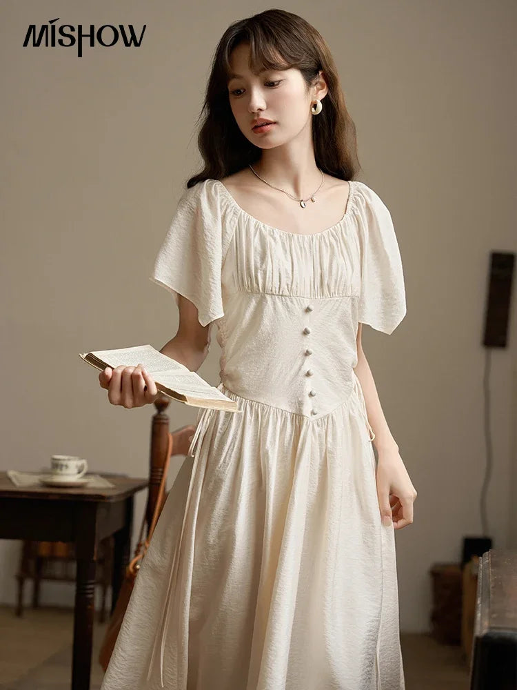 MISHOW Women's Elegant Dress 2023 Summer French A-LINE Butterfly Sleeve Square Collar Solid Lace-up Waist Dresses MXC38L1407