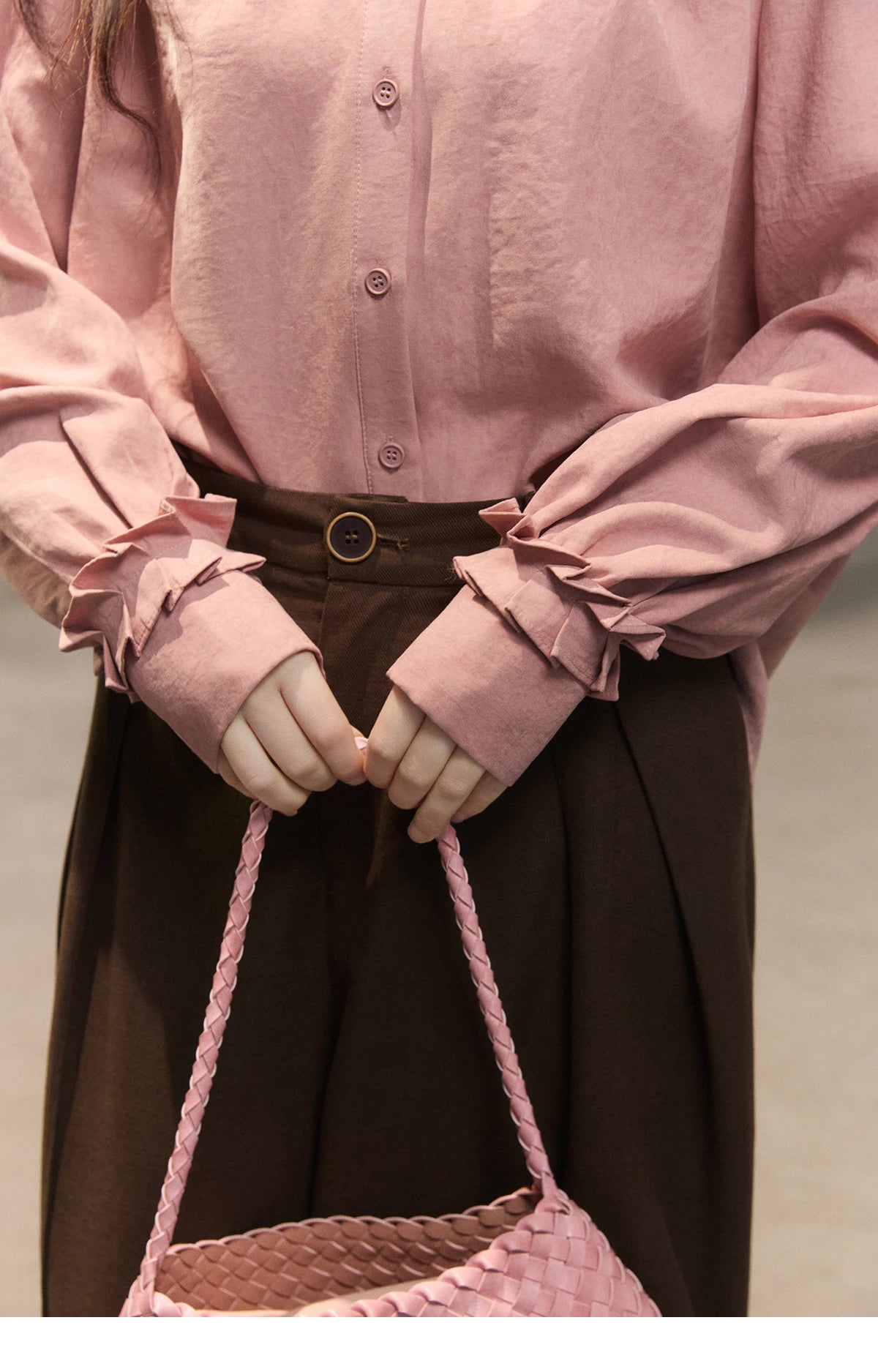 MISHOW Women's Peach Skin Solid Shirt 2026 Spring Ruffled Crew Neck Single-breasted Tops Casual Long Sleeve Shirts MXF11C2431