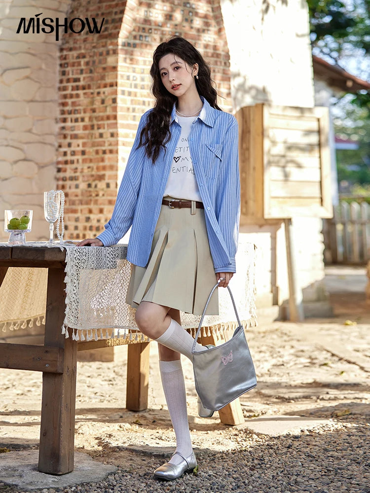 MISHOW Blue Striped Shirt for Women 2025 Spring Versatile Office Lady Tops Pocket Turn-down Collar Long-Sleeve Shirts MXE11C0399