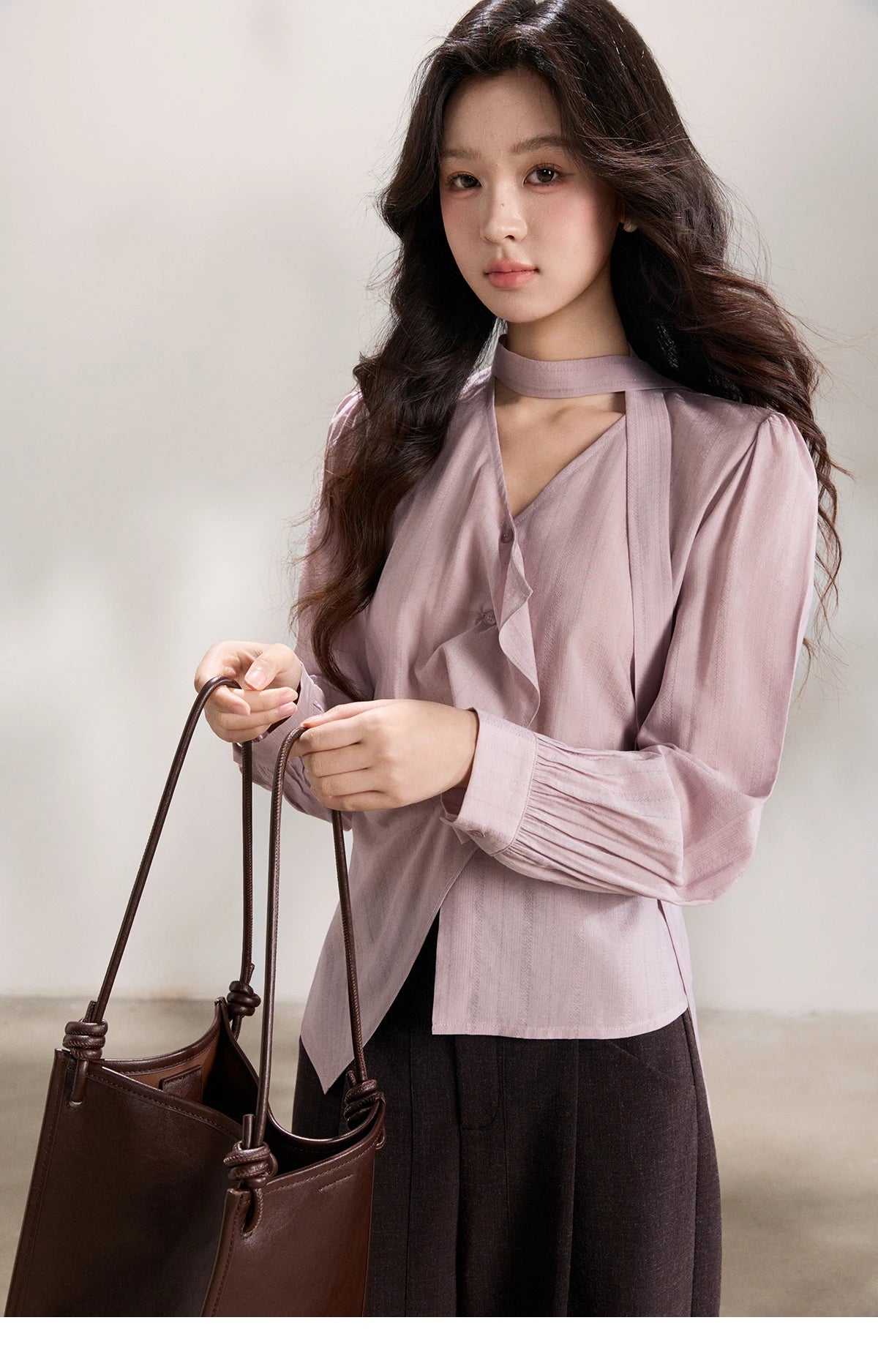 MISHOW Women's Purple Sweet Shirts 2026 Spring Ribbon V-Neck Ruffled Asymmetrical Shirt Back Lace-up Waist Casual Top MXF13X2527