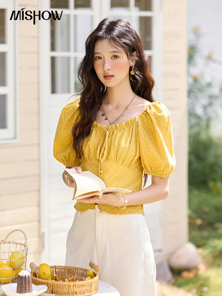 MISHOW Yellow Polka Dot One Shoulder Blouses for Women Summer 2025 Back Elastic Vintage 100 Cotton Top Lace-up Blouse MXE35X1840