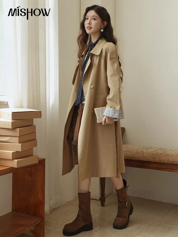 MISHOW Khaki Retro Plaid Flip Sleeve Trench Coat Autumn 2025 Double Breasted Belt Medium Length Trench Office Lady MXE44W0814
