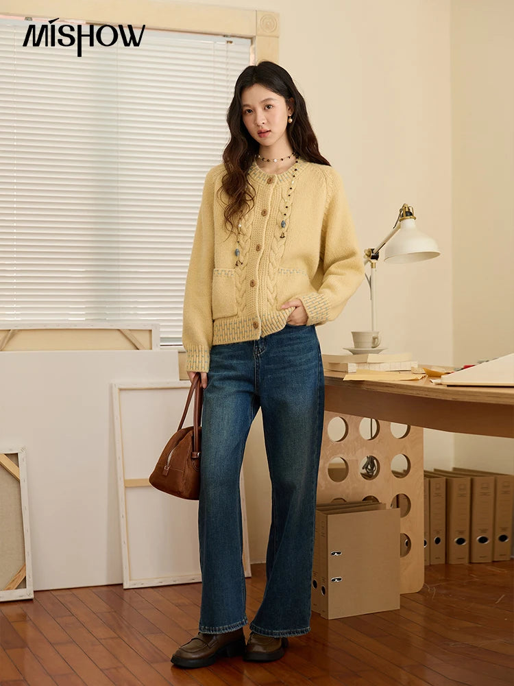 MISHOW Women's Cardigan 2025 Autumn Winter Yellow Cable Knit Cardigan Hand-Drawstring Design Commuter Short Jacket MXE47Z2566