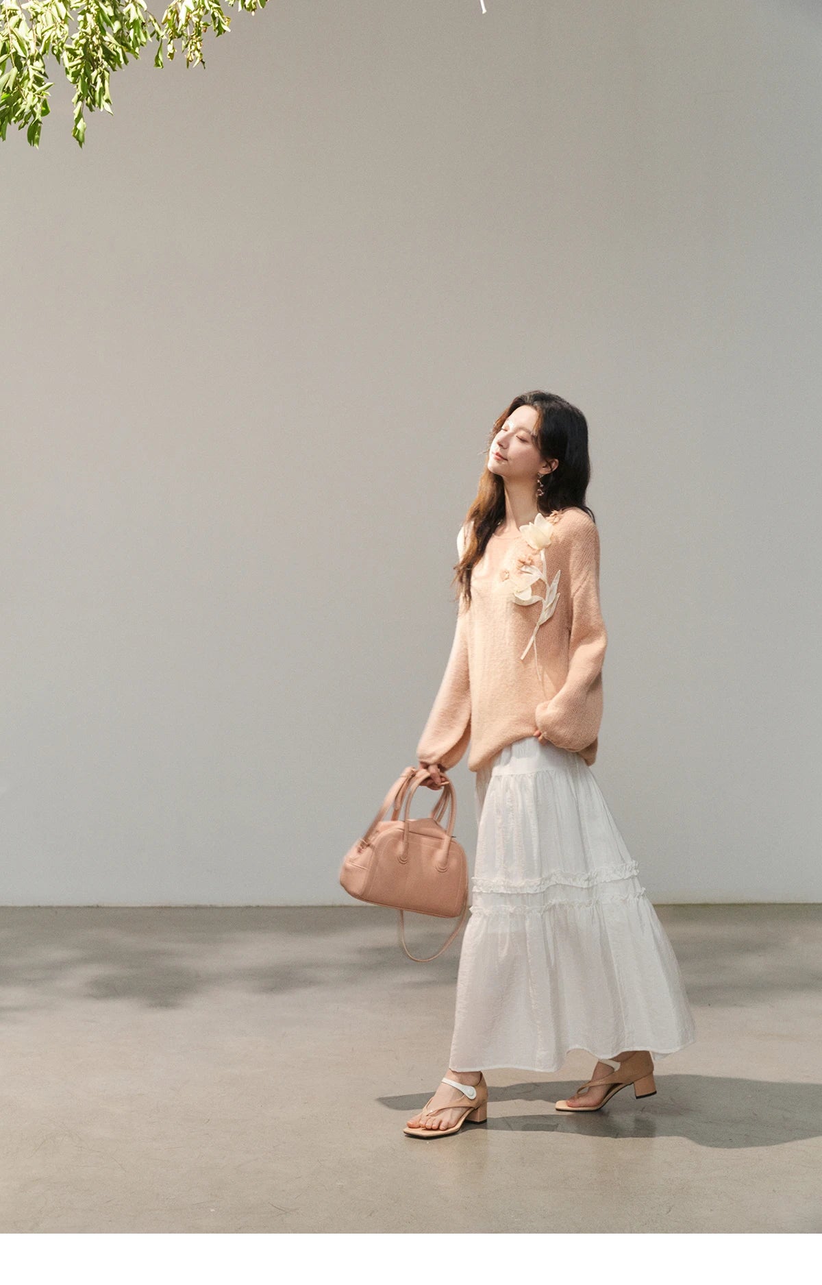 MISHOW 3D Floral Applique Crew Neck Knit Thin Sweater 2026 Spring Loose Casual Elegant Top Soft Pinkish Beige Sweater MXE47Z2649