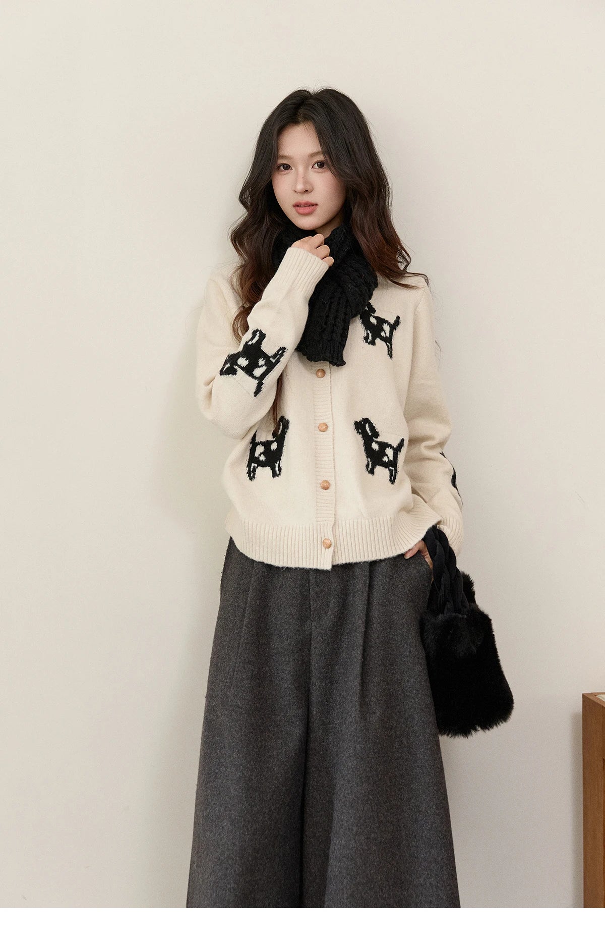 MISHOW Women's Puppy Jacquard Knit Cardigan 2025 Winter Single-breasted Crew Neck Top Warm Loose Sweaters Office Lady MXE93Z2950