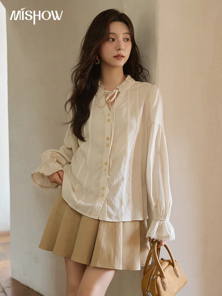 MISHOW French 100% Lyocell Apricot Shirt 2025 Autumn Flared Sleeves Lace Edges Shirts V-neck Slim Top Office Lady MXE41C2351