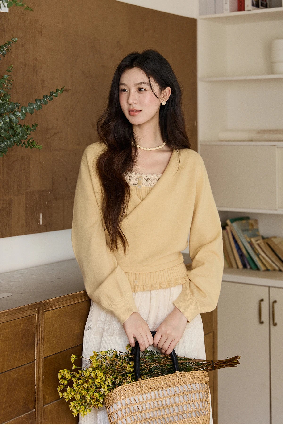 MISHOW Women's Yellow Two-Piece Set 2026 Spring Ruffled Hem Camisole Lace Trim Knitted Cardigan Casual Slim Outfit MXF11T1472