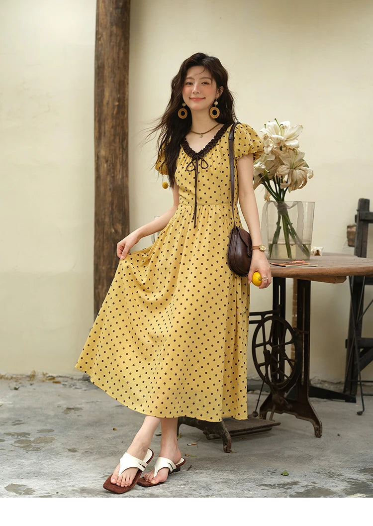 MISHOW Women's Casual Polka Dot Dress 2025 Summer New Ladies Puff Sleeve V-neck Lace Up Ruffle Edge Pocket Dresses MXE39L2326