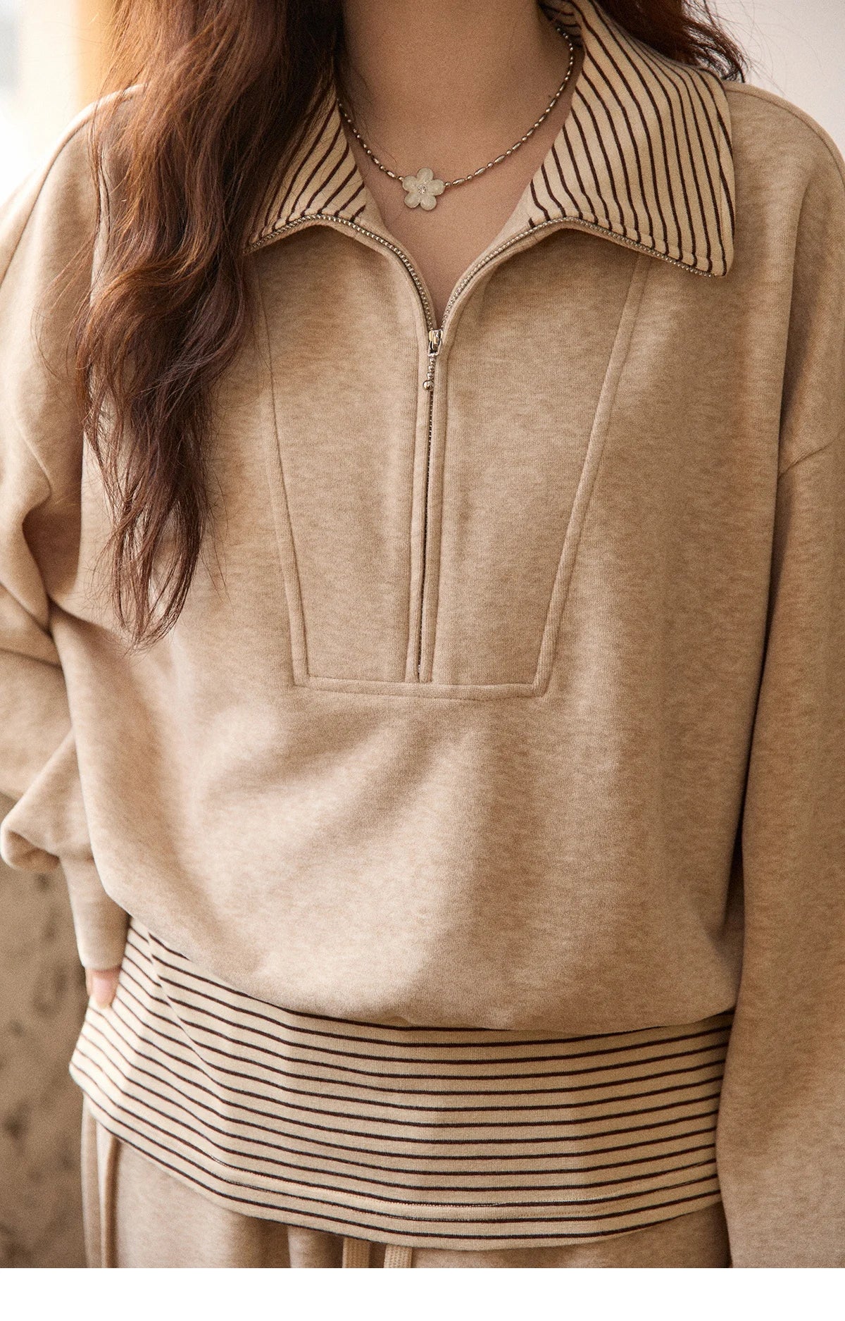 MISHOW Woman Pants Set 2025 Winter Casual Retro Sweatshirt Set Striped Lapel Half-Zip Sweatshirt Wide Leg Pants MXE87T1425