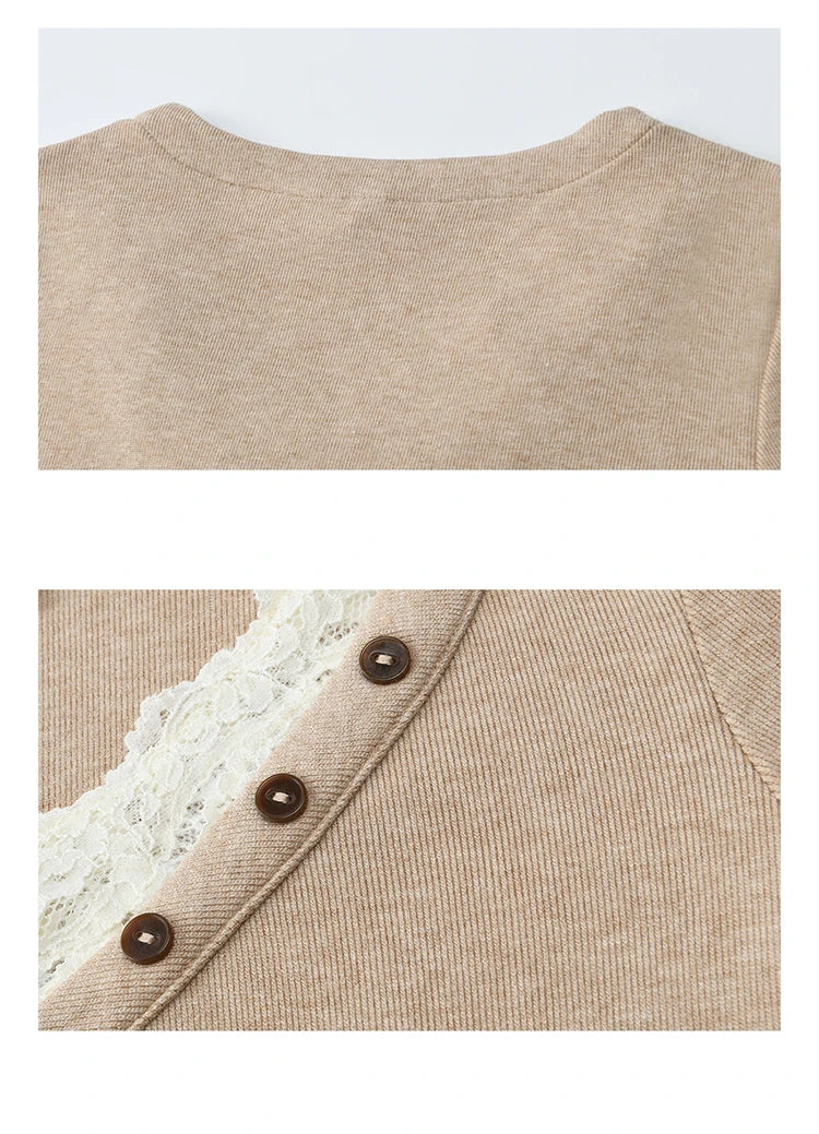 MISHOW Long Sleeve Tops for Woman 2025 Autumn Winter Sweet Gentle V-neck Top with Lace Trim Commute Slim Knit Top MXE86Z2673