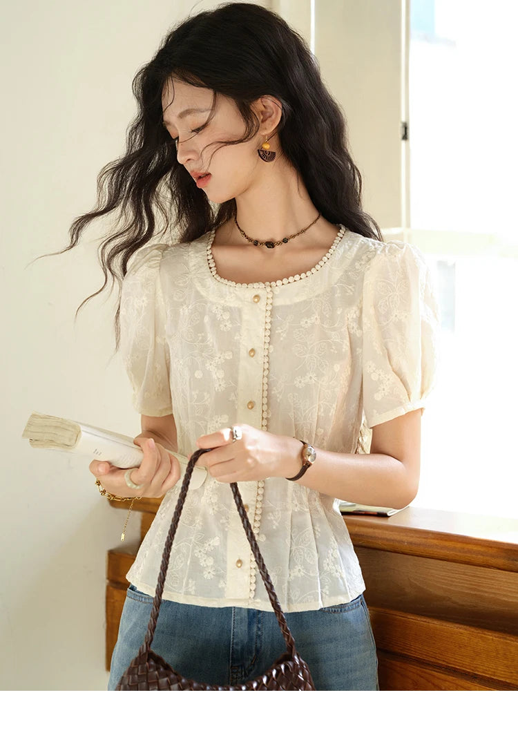 MISHOW Embroidery Cotton Shirt for Women 2025 Summer Fashion French Style Puff Sleeve Button Shirt Women's Clothing MXE39X1979
