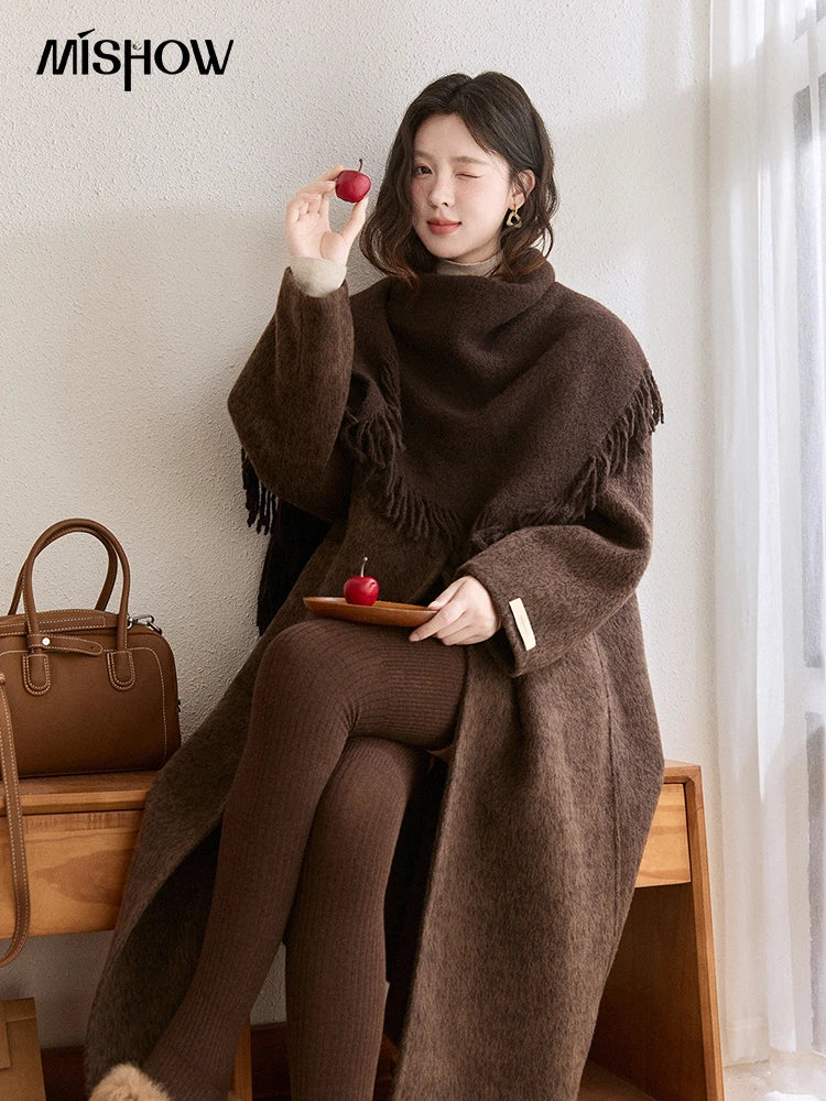 MISHOW Women's Woolen Coat with Scarf Winter Invisible Buckle Design Wool Overcoat Loose Elegant Warm Outerwear MXE93W1030