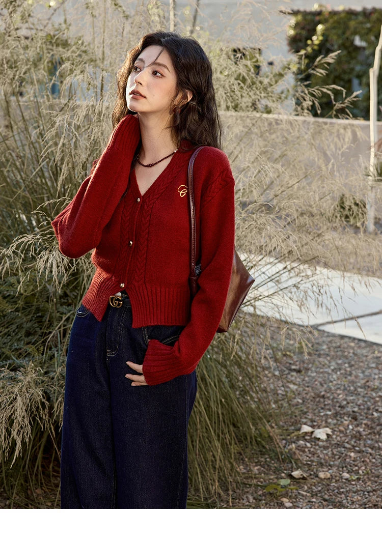 MISHOW Elegant V-neck Sweater Women's Long-sleeved Knitted Jacket 2025 Fall Winter New Korean Vintage Short Cardigan MXD48Z0848