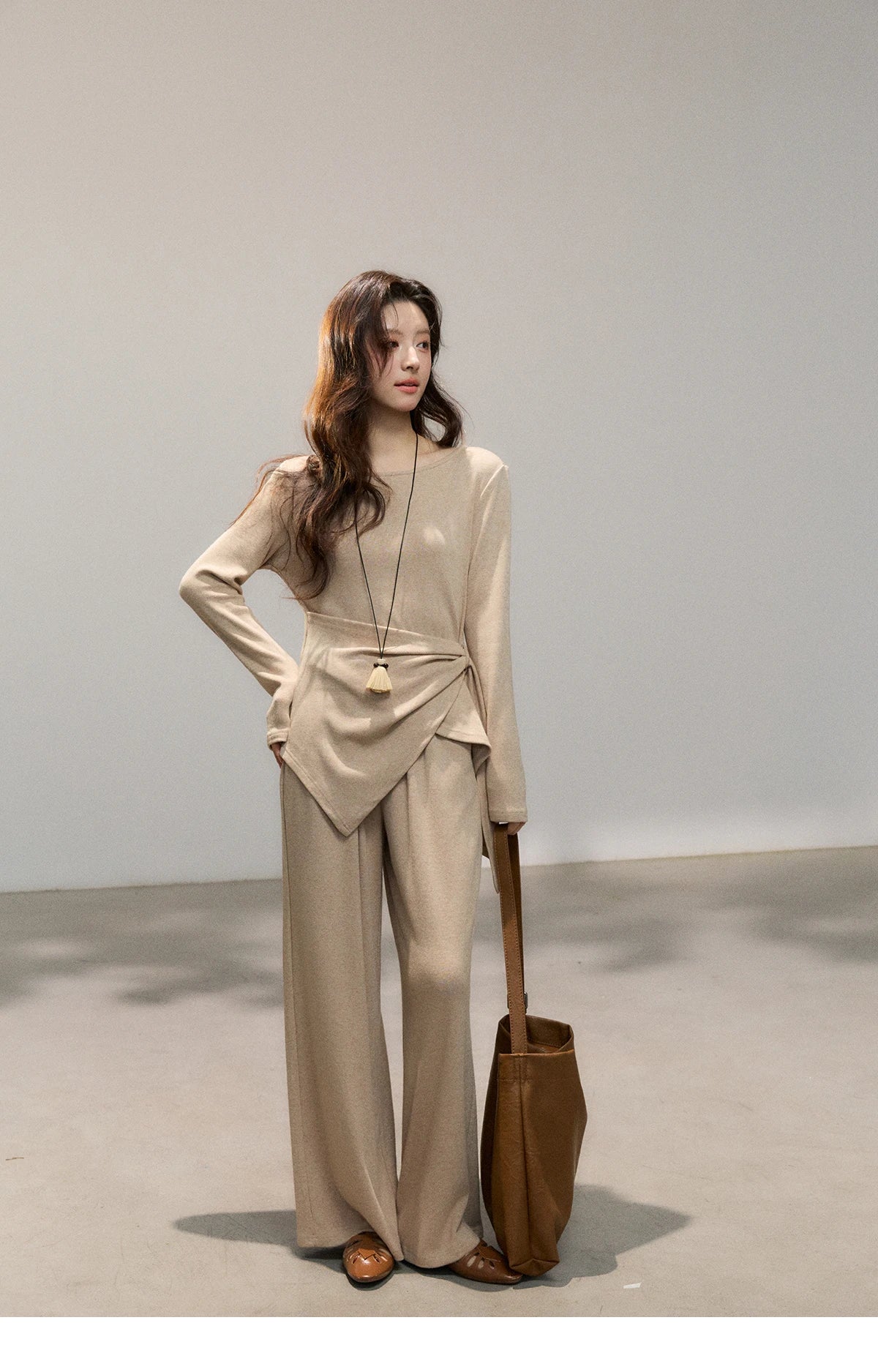 MISHOW Women's Khaki Knitted Two-Piece Set 2026 Spring Asymmetrical Hem Waist-Cinched Top Wide Leg Pants Casual Sets MXF11T1465