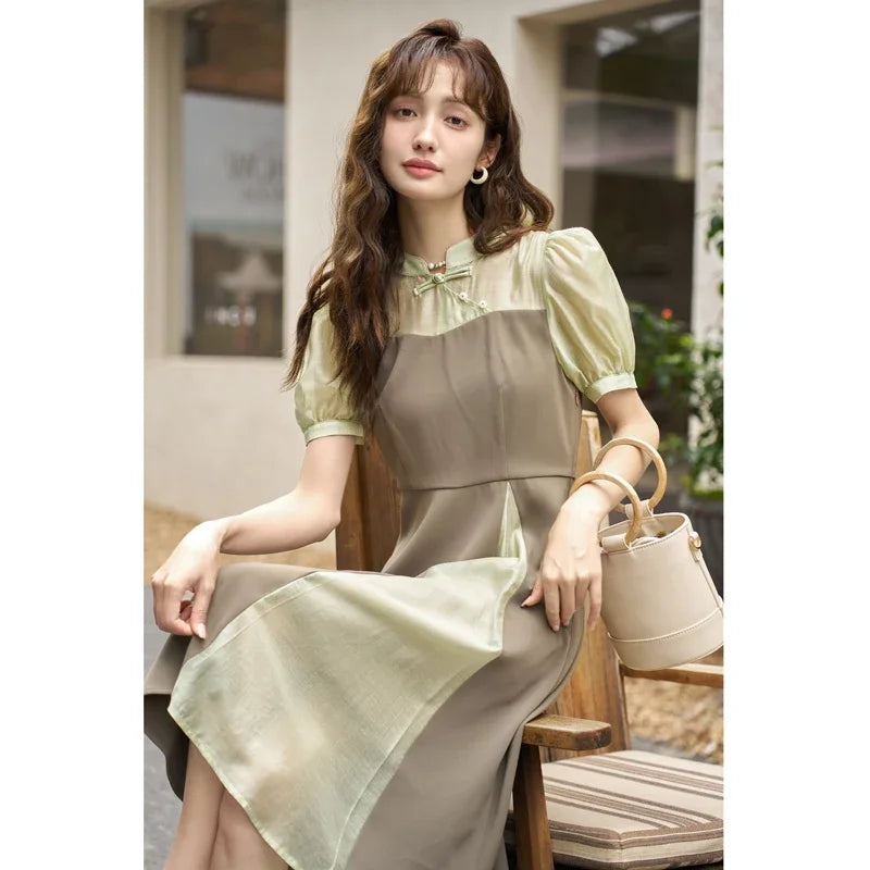 MISHOW Chinese Style Dress for Women 2023 Summer Waist Puff Sleeve Patchwork Fake Two Pieces French Slim Long DressES MXC35L1354