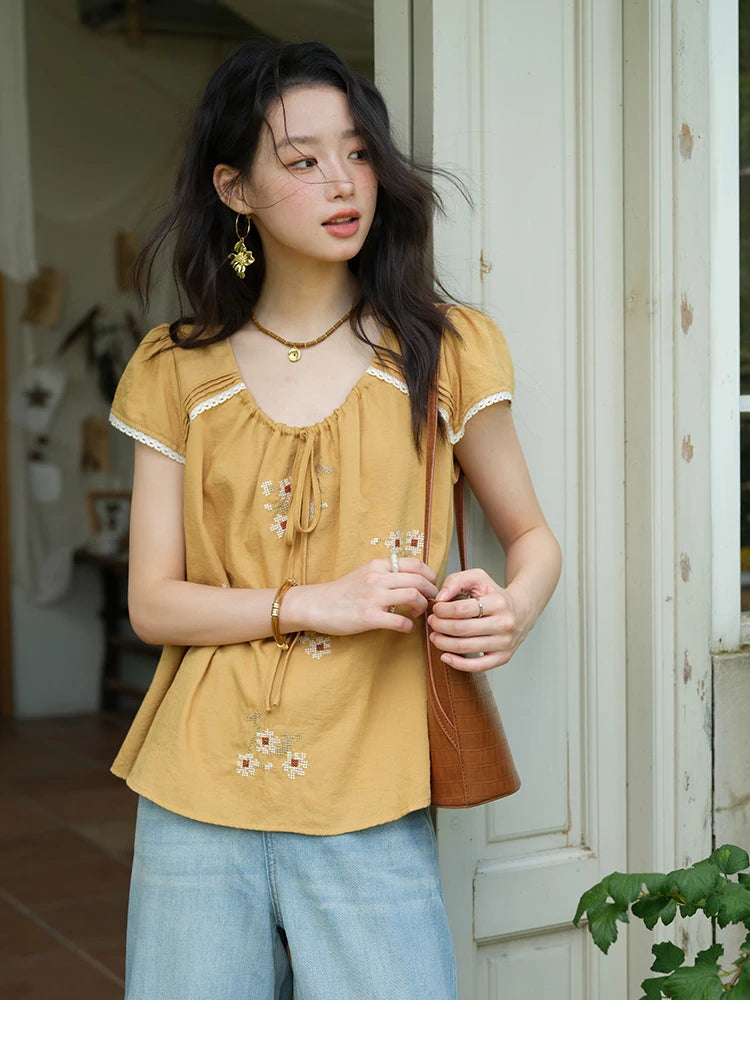 MISHOW Fashion Embroidery Flower Blouses for Woman 2025 Summer O-Neck Lace Up Flying Sleeve Lace Spliced Loose Top MXE39X1880