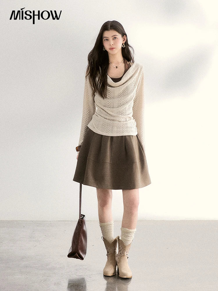 MISHOW Women's A-line Flower Bud Mini Skirt 2026 Spring High Waist Pleated Casual Short Skirt with Slanted Pockets MXF108B0767