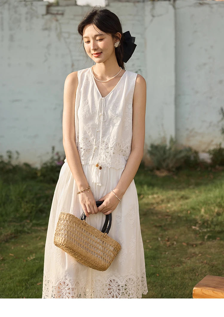 MISHOW 2 Pieces Set Woman Embroidery V-neck Hollow Lace Up Sleeveless Top Summer 2025 Slim Elastic Waist Skirt Set MXE33T0593