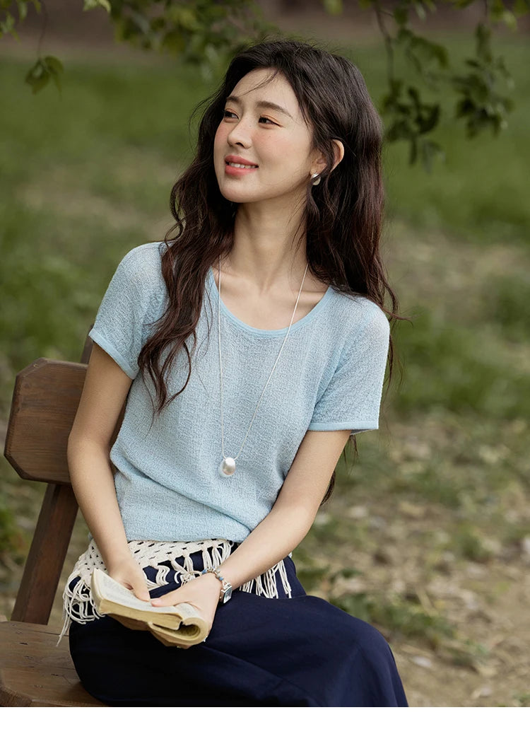 MISHOW Office Lady Women’s T-shirts Summer 2025 Short Sleeve Round Neck Solid Slimming Knitted Shirt Female Fashion MXE34Z1257