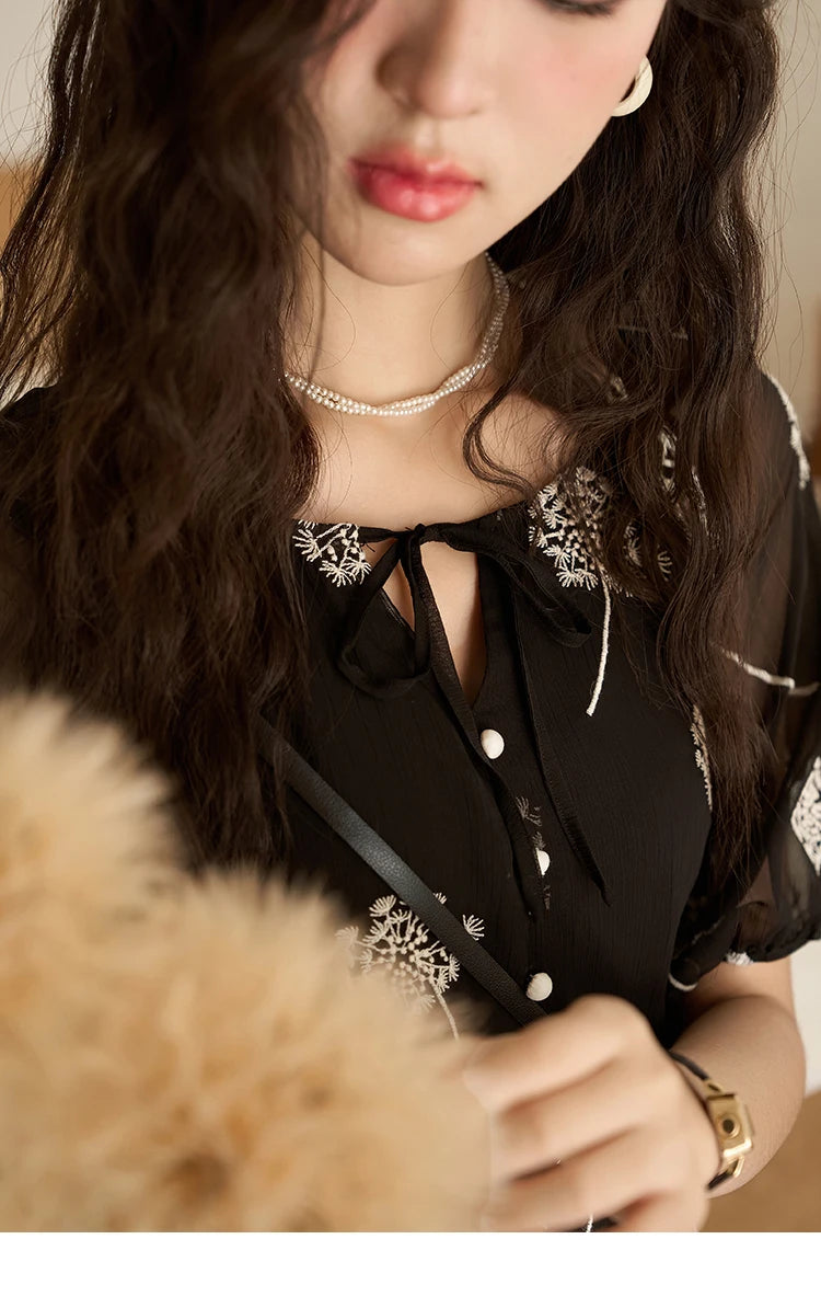 MISHOW【Taraxacum Series】Black Embroidered Dress for Women 2023 Summer French Tea Break Lace-up Retro Romantic Dresses MXC39L1567