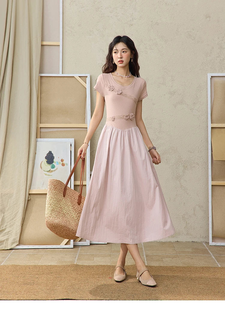MISHOW Woven Patchwork Knitted Dress Female Summer 2025 French Waist Slim Long Dress Pink Round Neck Elegnat Dresses MXE36L2247