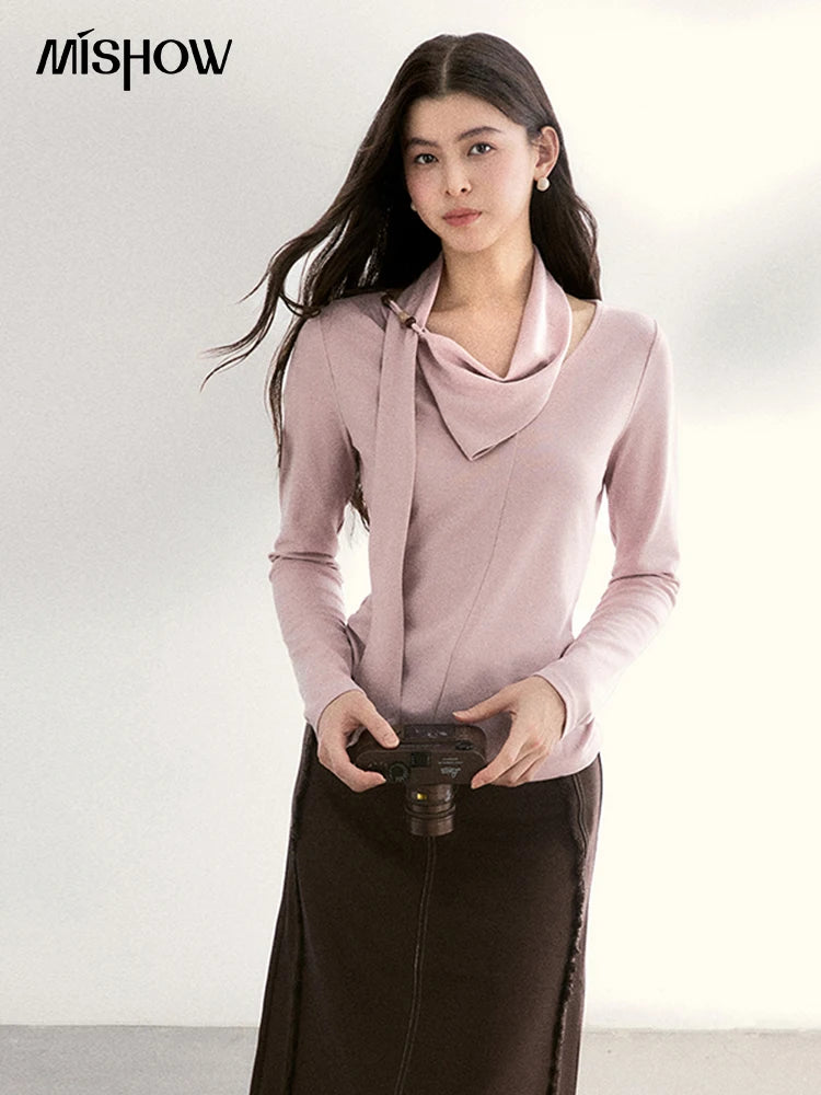 MISHOW Women's Scarf Neck Pink Long Sleeve Top 2026 Spring Color Collision Bead Asymmetrical Tops Knitted Sweaters MXF108Z1025