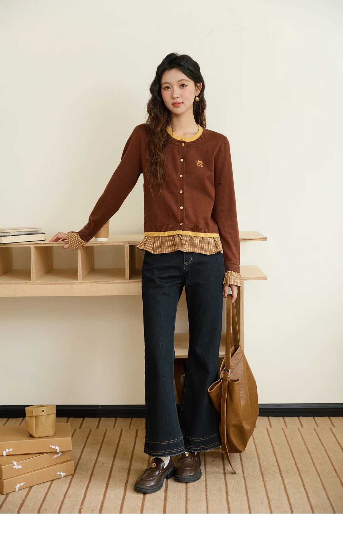 MISHOW Fake Two Knitted Sweaters Autumn Retro Color Contrasting Bow Embroidered Sweater Hemp Cuff Splicing Plaid Top MXE46Z2495