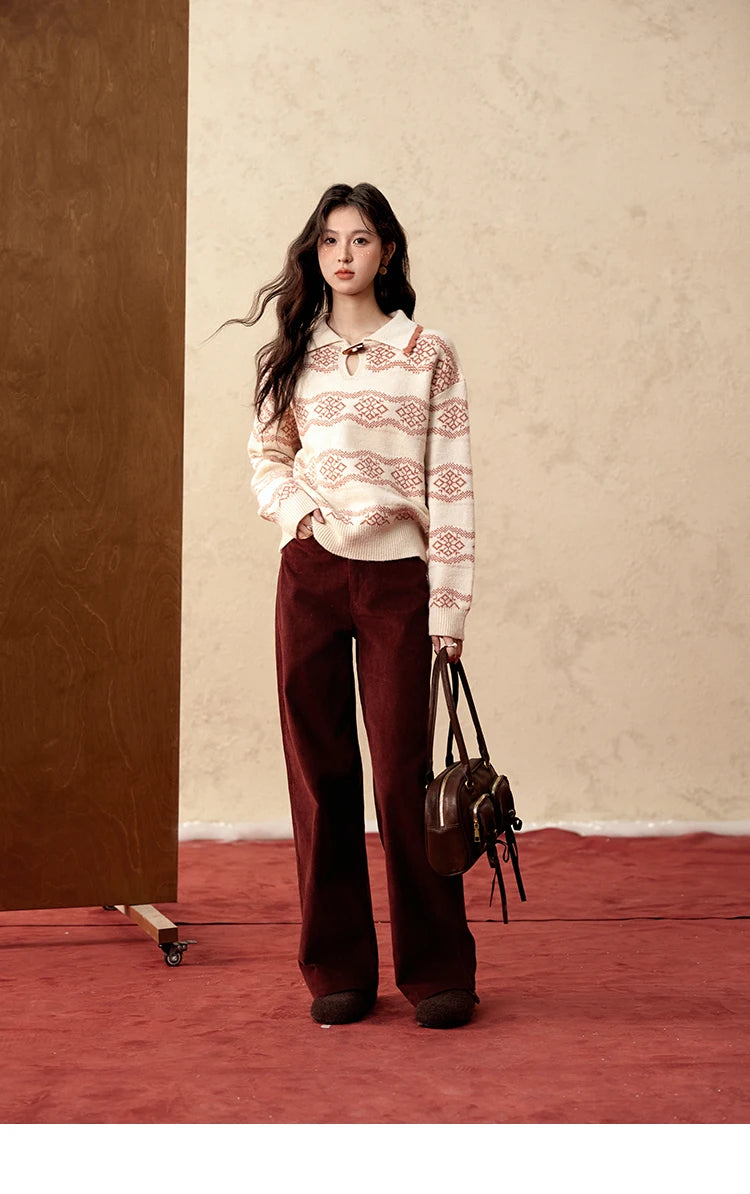 MISHOW Fair Isle Knitting Sweater Women Christmas Turn Down Collar Pullovers Versatile Soft Warm Office Lady Warm Top MXD59Z1042