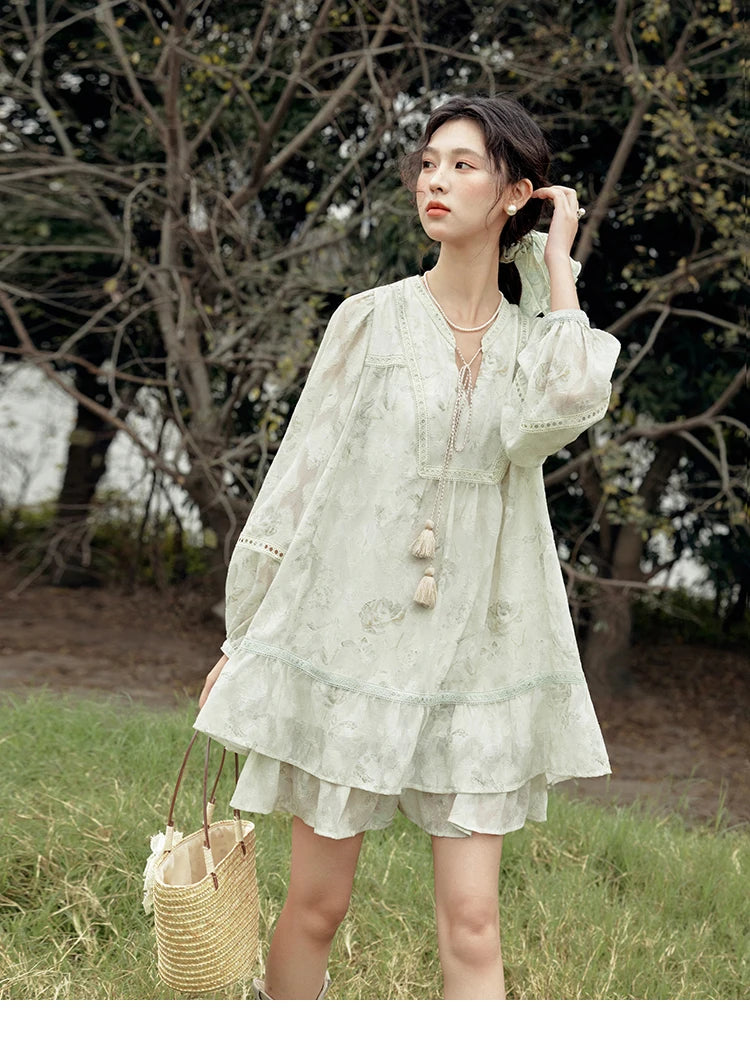 MISHOW Floral V-neck Drawn Tassels Dresses 2025 Spring Summer Hollow Out Lantern Sleeve Dresses Vacation Doll Dress MXE15L2121